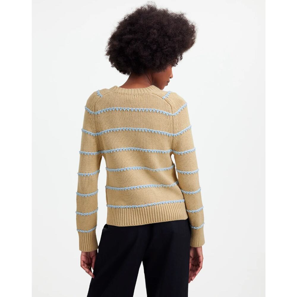 MADEWELL Textured Cotton Crewneck Sweater Stripe Cream Pale Blue Sz M $98 {3A45} - Picture 2 of 7